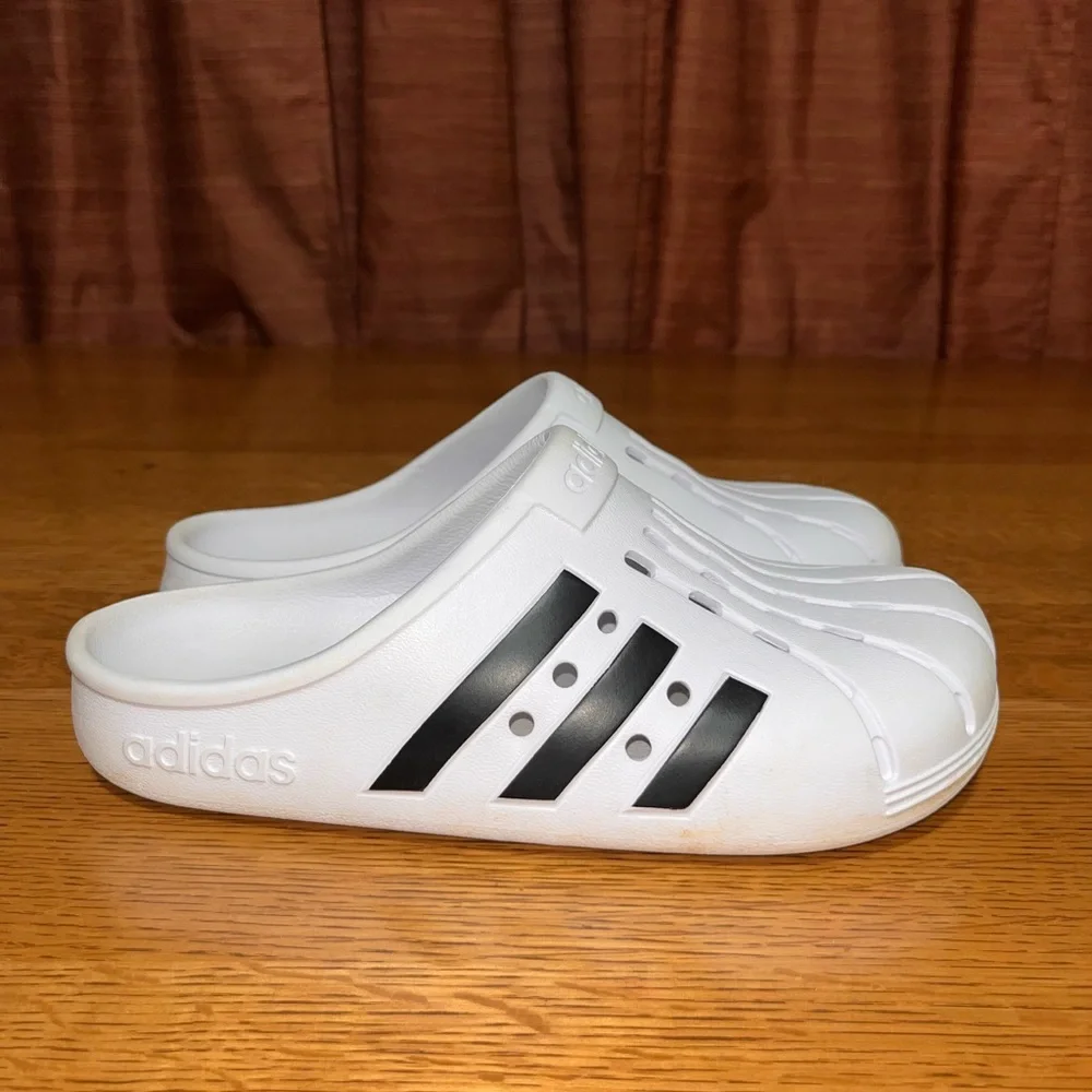 ADIDAS ADILETTE CLOG SLIDES White/Black 3 Stripes Shoes Men Sz 7 Women sz 9